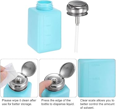 HARFINGTON 3pcs Solvent Alcohol Dispenser 200ml(6.8oz) Press Type ESD Safe Anti-Splash Liquid Dispenser Pump with Sealing Stainless Steel Lid for Acetone Cleanser, Polish Remover, Blue