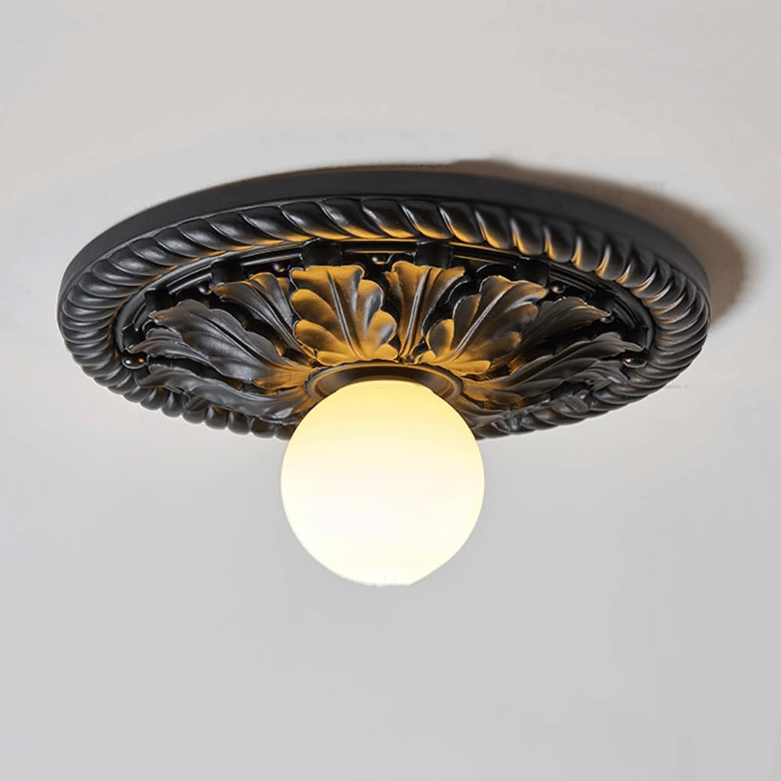 BKEKM Rustic Lighting Fixtures Vintage Carved Flush Mount Ceiling Light,with Frosted Glass Globe, Ceiling Lamp Fixture French Country(Nero)
