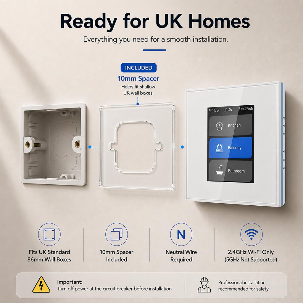 LANBON Interruptor inteligente, interruptor inteligente 5 en 1 LCD WiFi para luz y cortina, nunca sin conexión, compatible con Alexa y Google Home, cable neutro requerido (blanco)