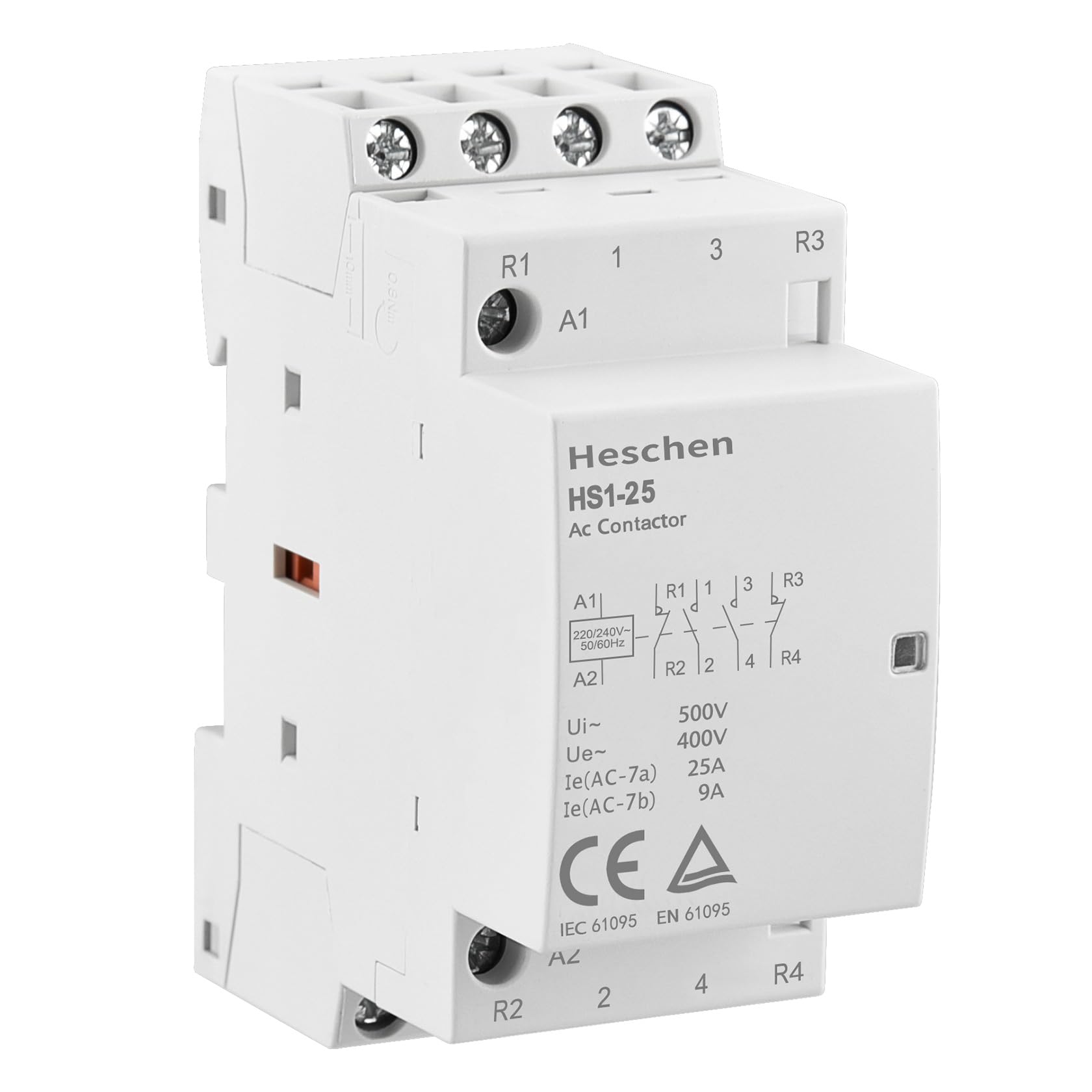 Heschen Contacteur ca domestique, HS1-25, 4 pôles 2NO 2NC, AC 220V / 240V tension de bobine, 35mm montage sur Rail DIN