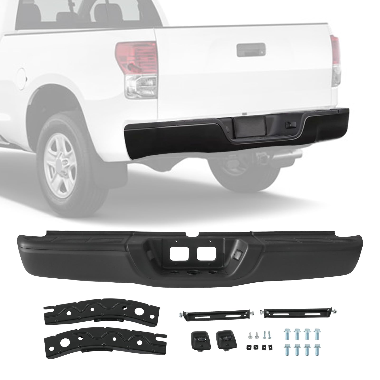 Rear Bumper with Step Pad and License Plate Lights replacement for 2000 2001 2002 2003 2004 2005 2006 Toyota Tundra TO1103108, Black