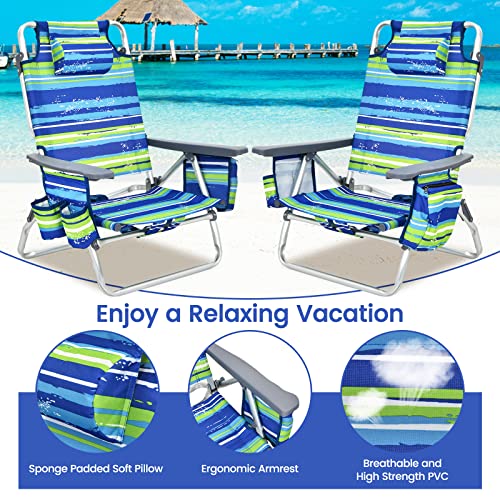 Image of Tangkula Set of 4 Backpack Beach Chair, 5-Position Lay Flat Beach Chairs with Cooler Bag, 2 Cup Holders, Towel Bar, Lightweight Folding Beach Chair with Backpack Straps