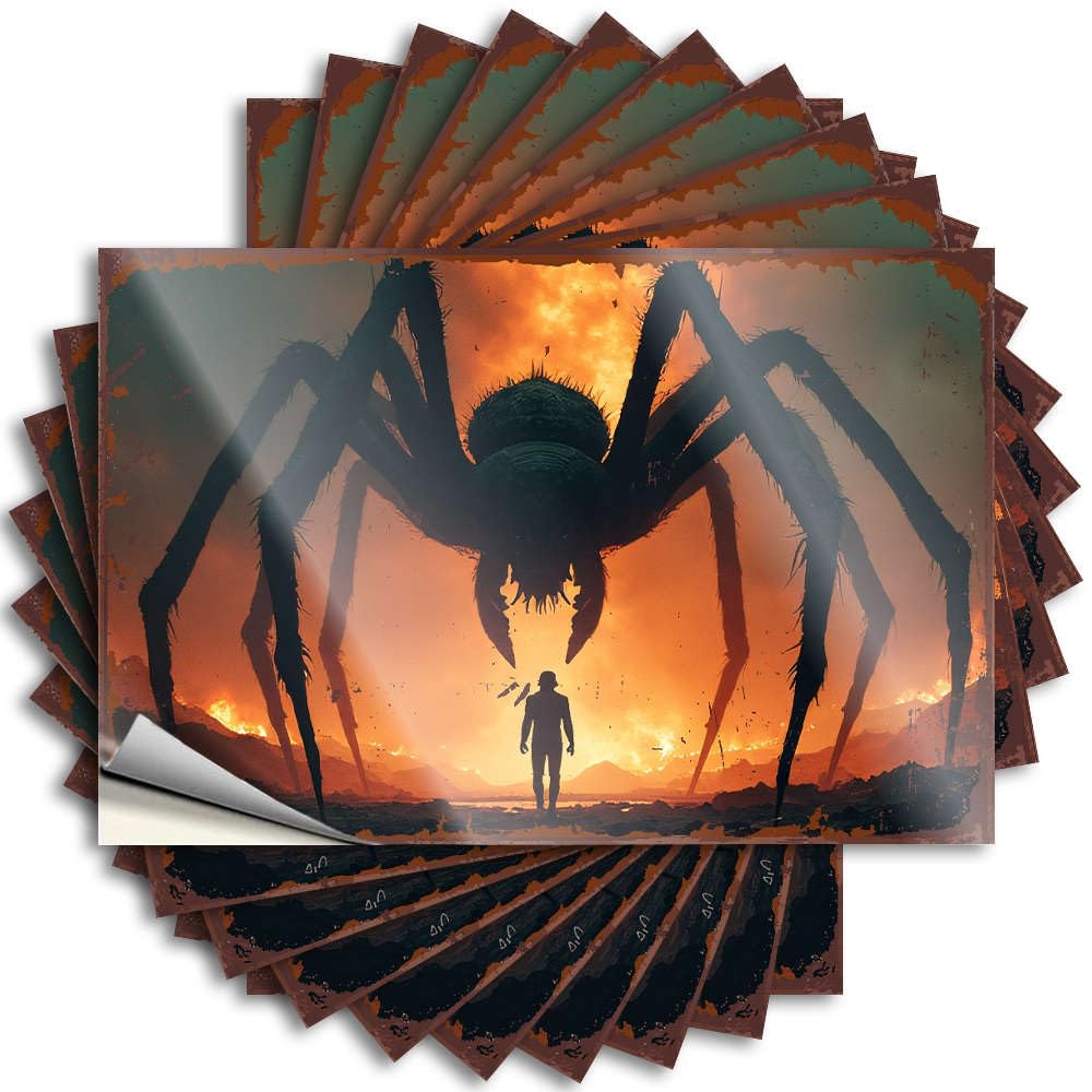 Tattoos Smiley Face Bar Accessories Man Cave Waterproof - A Man Confronts A Giant Spider in A Fiery Landscape. Wall Self Adhesive Decal for Teacher Use(6X9CM)