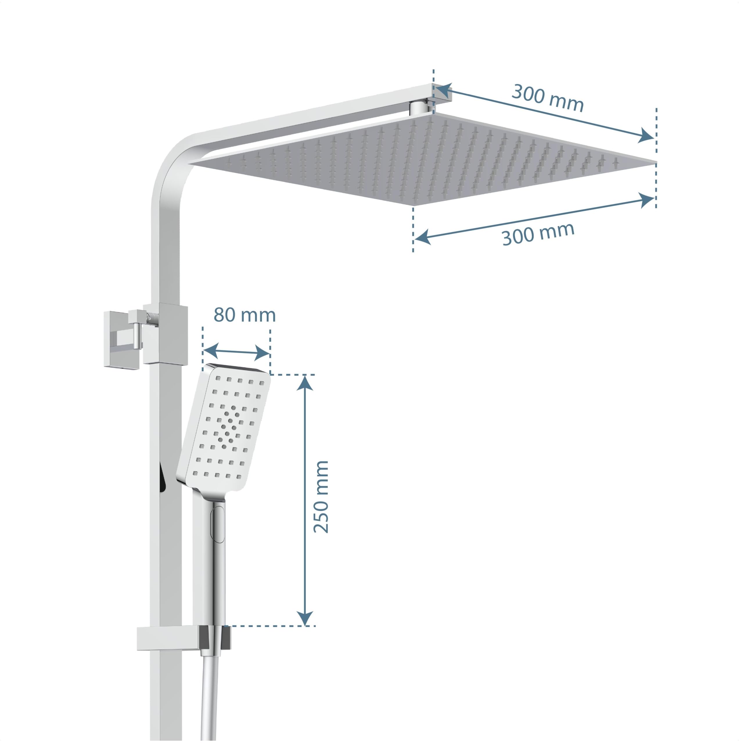 SCHÜTTE OCEAN 60531 system prysznicowy z termostatem i szklaną półką, 30 x 30 cm, deszczownica z uchwytem ściennym i panelem prysznicowym, kolumna prysznicowa w kolorze chromowym/antracytowym