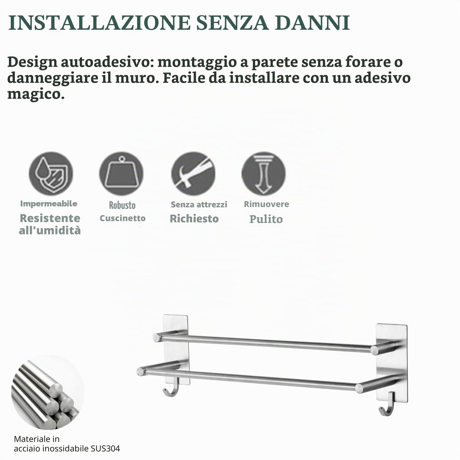 Vista Porta Asciugamani Bagno Adesivo Senza Forare,Porta Strofinacci Cucina 2 Aste Con Ganci,Acciaio Inox 304,43,5CM Argento Cucina Bagno