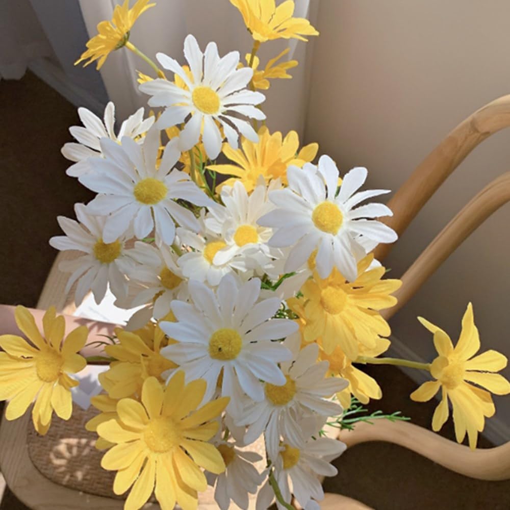 Fiori Artificiali Margherite – 12 Steli In Seta Con Foglie Di Eucalipto, Per Esterno E Interno