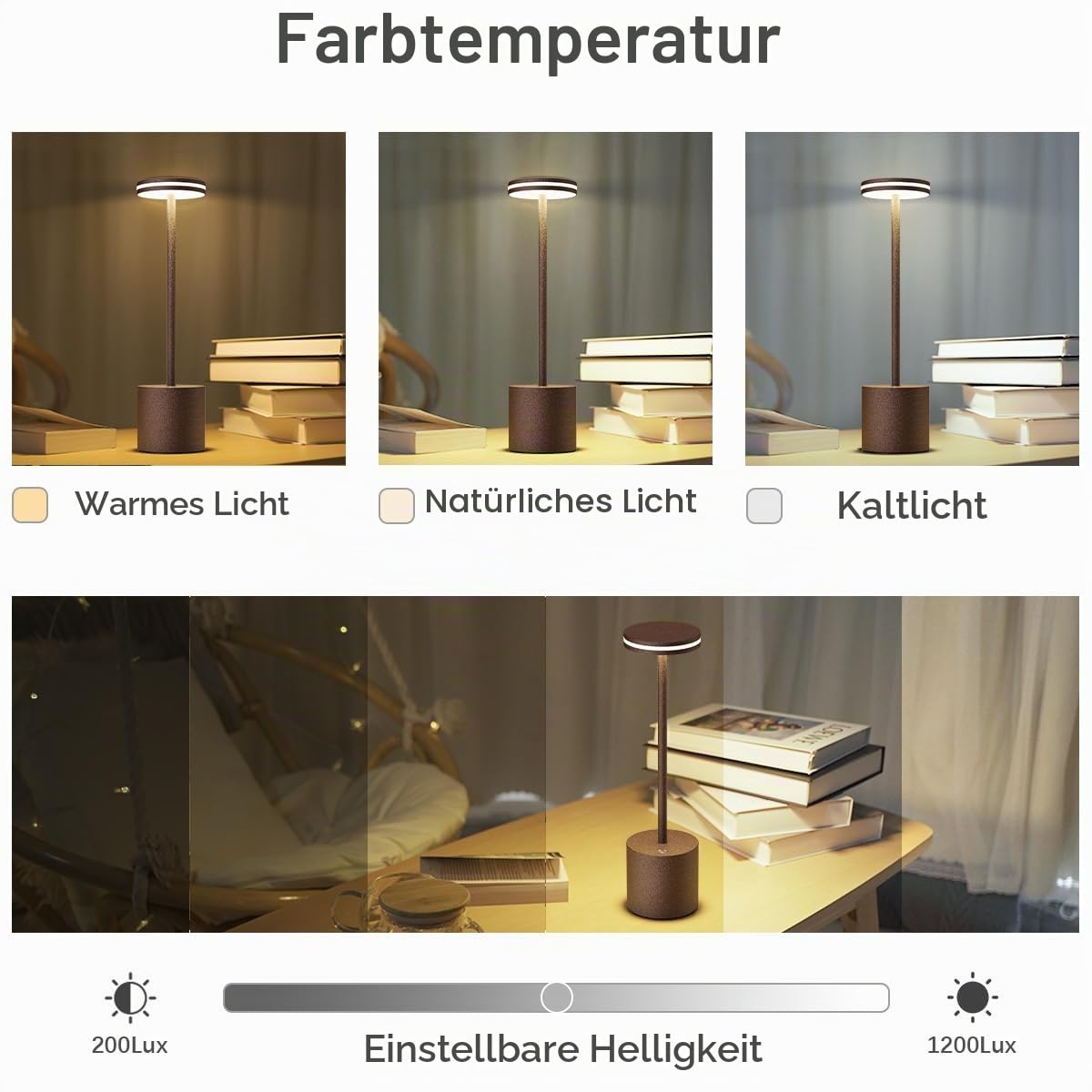2Set LED Tischlampe, 5000mAh Tischleuchte Akku, Dimmbar, Aluminium | 3 Farbtemperatur, Moderne, Aufladbar Tischlampen für Outdoor Indoor Nachttisch Esstisch Terrasse Bar Rost