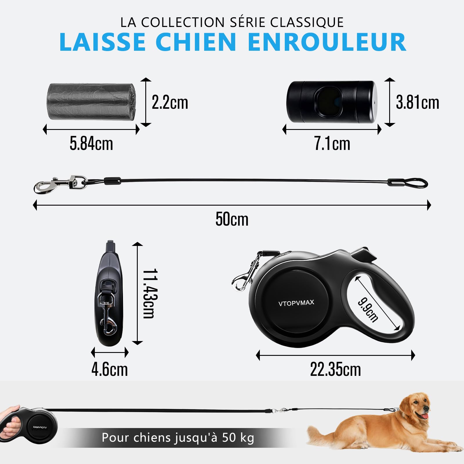 Laisse Chien Enrouleur 8m - pour Chiens de Taille Moyenne/Grande (jusqu'à 50 kg) - Laisse Renforcée avec Câble Anti-Morsure, Distributeur de Sacs à Déjections et Frein à Une Main (Noir)