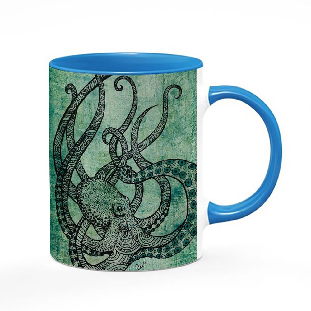 Giftme Beautiful Green Octopus Art Painting Porcelain, 11oz Inside Coloured Ceramic Mug. (Blue)
