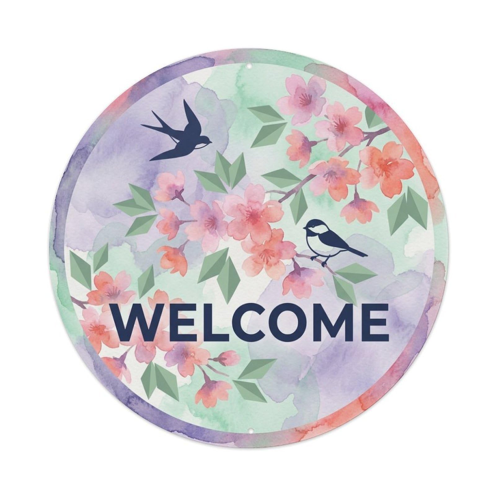 Cherry Blossom Watercolor Bird Slogan Welcome Metal Tin Sign