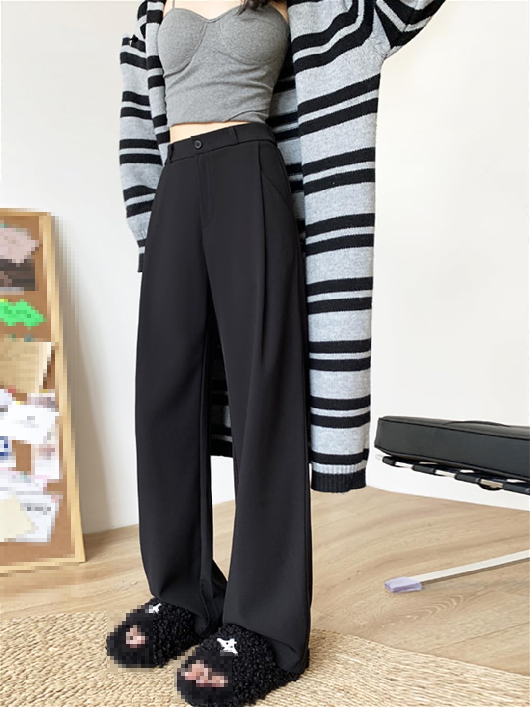 Women's Straight Loose Trousers Gray Khaki Suit Trousers Women's Korean Style High Waist Trousers