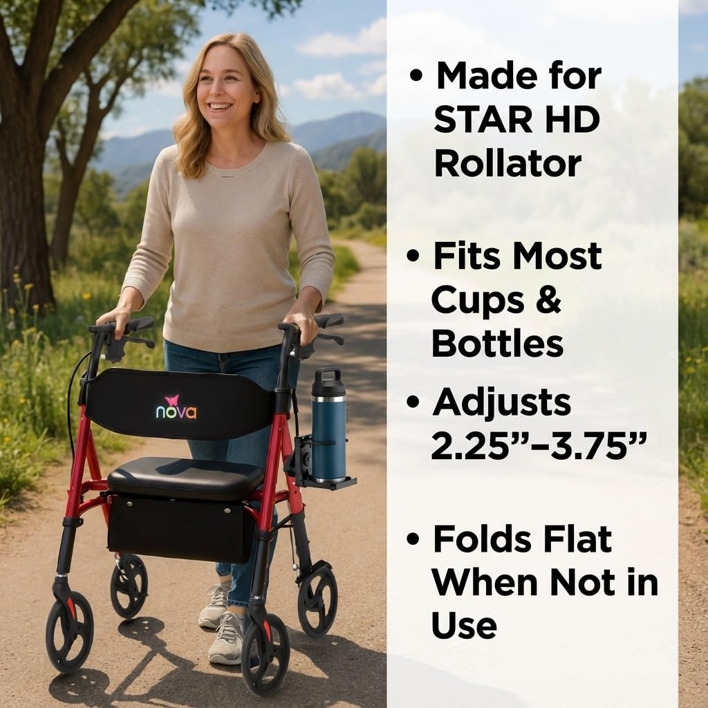 NOVA Adjustable Cup Holder for Star 4259 & Express Rollator, Cup Holder for Oval Tube Rollator Walkers, Adjustable & Foldable Drink Holder, Durable Plastic, Easy Install
