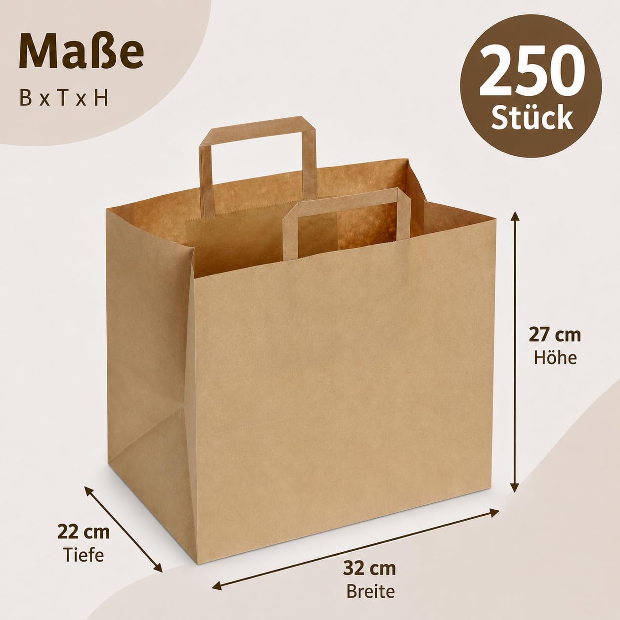 250 Papiertragetaschen 32x22x27 cm braun biologisch abbaubar