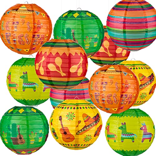 Panelee 12 Pcs Mexican Paper Lanterns Cinco De Mayo Party Decorations 8 Inch Fiesta Round Hanging Lanterns for Office Classroom Party Decorations Supplies Indoor Outdoor
