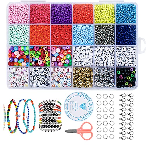 Perlen Set Beads, 4mm Rocailles Glasperlen Zum Auffädeln Erwachsene Kinder, 12 Farben Ketten Selber Machen für DIY Armband, Halskette, Schmuck mit Buchstabenperlen Cover