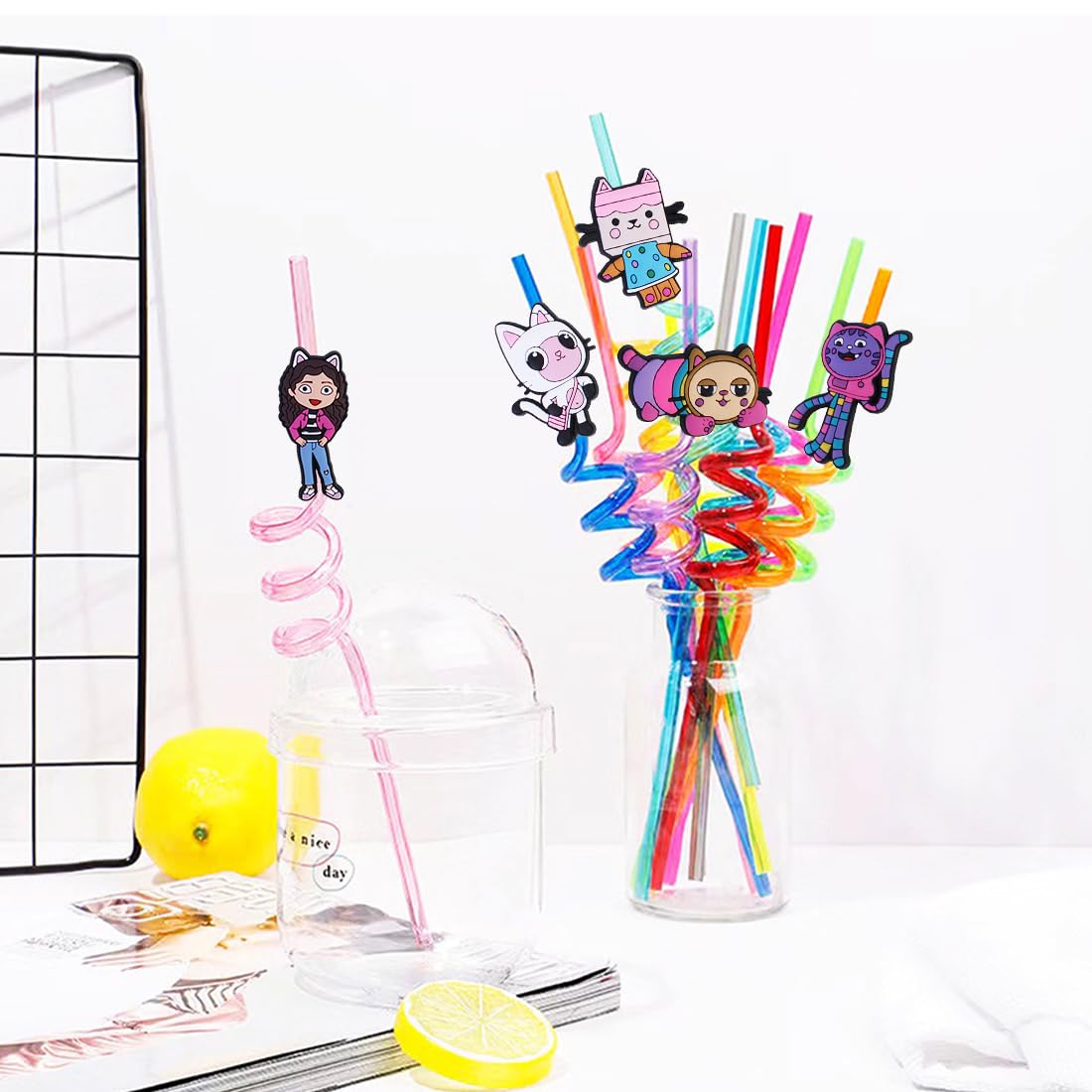 8 Pailles Réutilisables Enfant + 2 Brosses - Design Animé Spirale - Coloré Pour Anniversaire