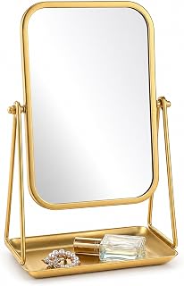 Makeup Mirror with Storage Tray Tabletop Vanity Mirror | 360° Swivel Design Gold Standing Table Mirror Metal Frame Single Side Cosmetic Mirror for Desk Bedroom Living Room Office