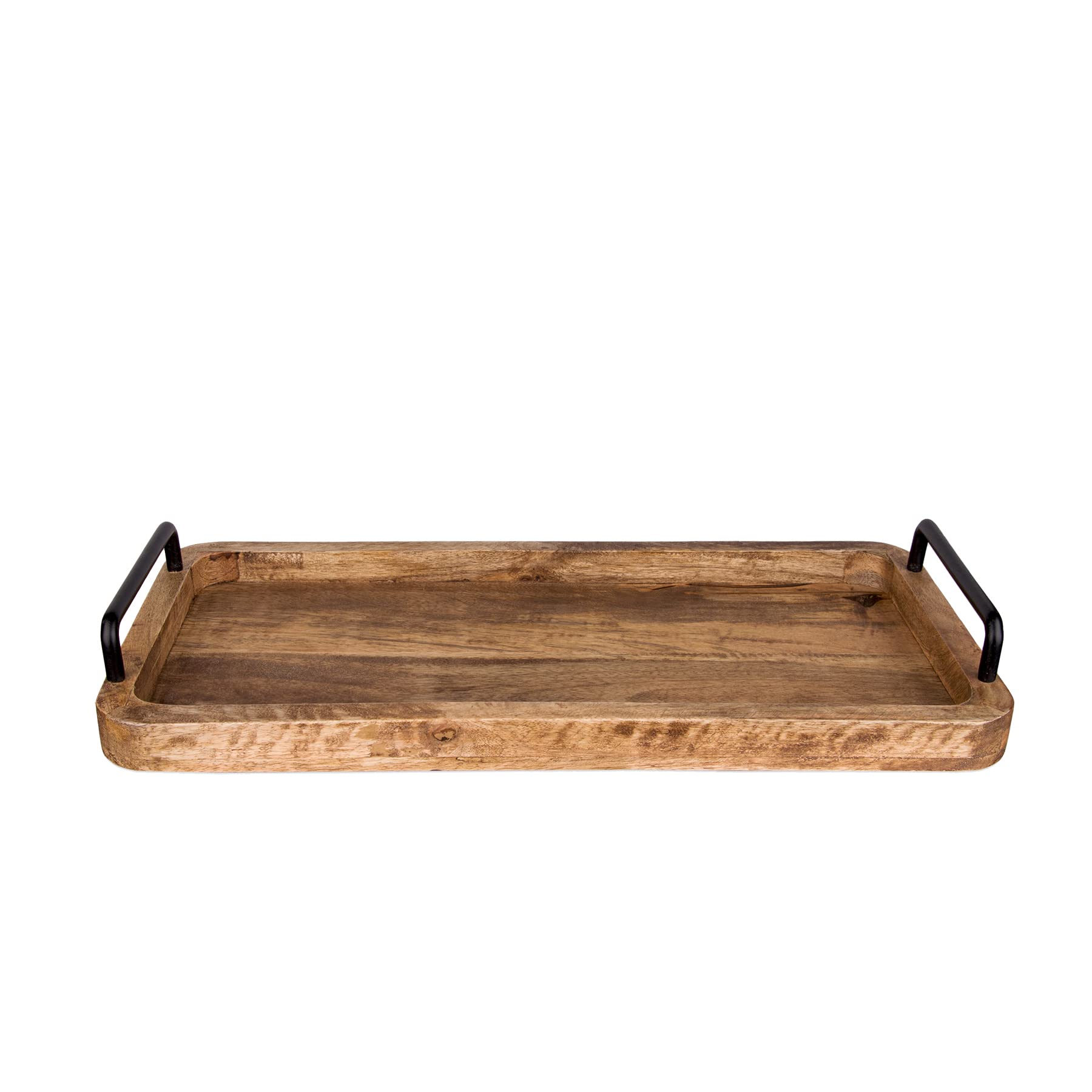 BigDean Plateau de service en bois de manguier - 60 x 30 x 3 cm - Plateau en bois vintage - Unique - Plateau en bois avec poignées en métal - Plateau de cuisine rectangulaire