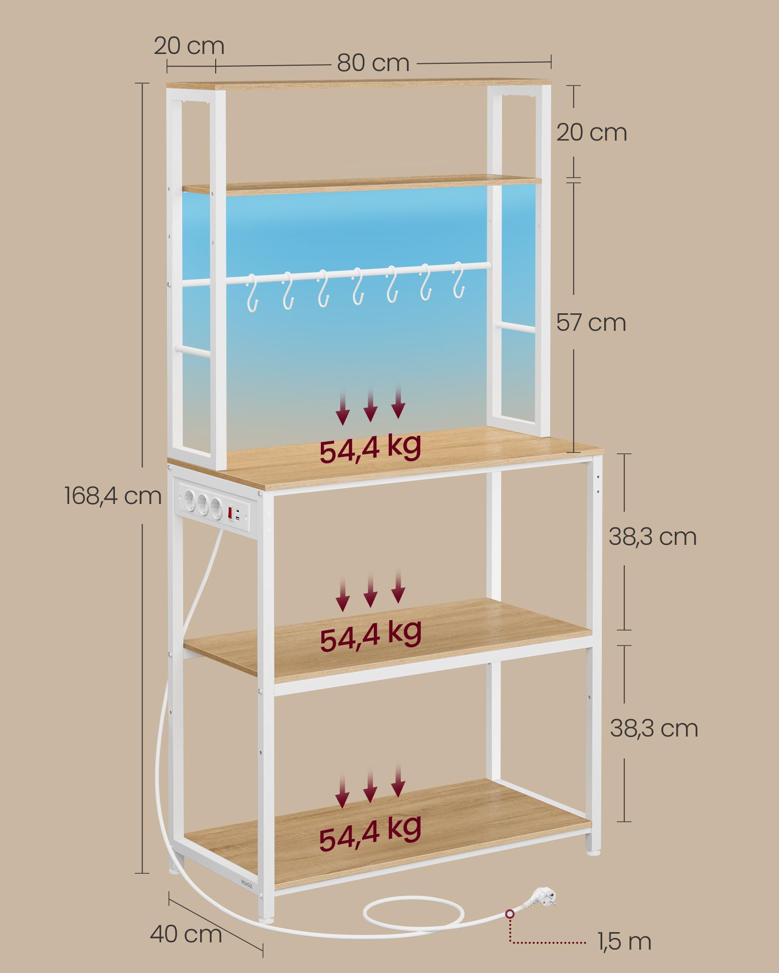 VASAGLE Küchenregal mit LED-Beleuchtung, Standregal mit Steckdosen, Mikrowellen-Regal mit verstellbaren Ablagen, 8 Haken, 40 x 80 x 168,4 cm, goldeichenfarben-mattweiß KKS050YA01