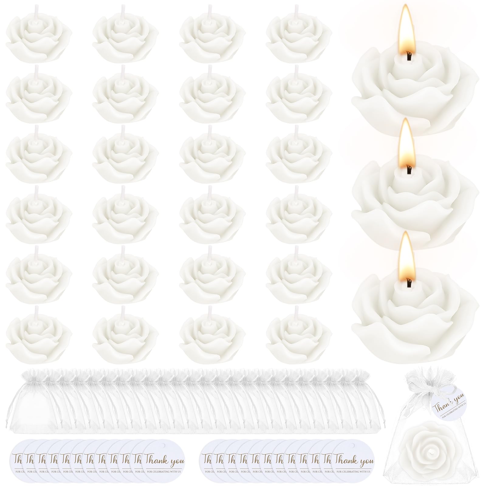 24 Set Flower Candles Bulk, Mini White Rose Shaped Tealight Candles with Organza Bags and Thank You Cards, Decorative Candle Gift Set for Wedding Party Bridal Shower Favor Home Decor