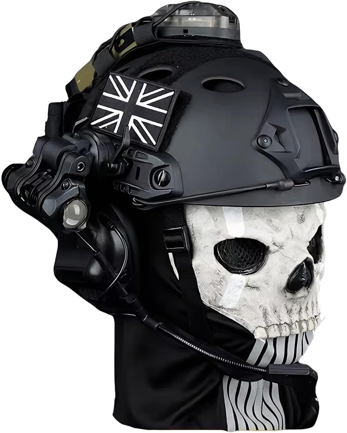 Tactical Ghost Skull Helmet Set - with Helmet Mounted Communication Headset, Signal Light, Flashlight, Battery Balance Counterweight Bag 丨 Airsoft Paintball Cosplay Gear