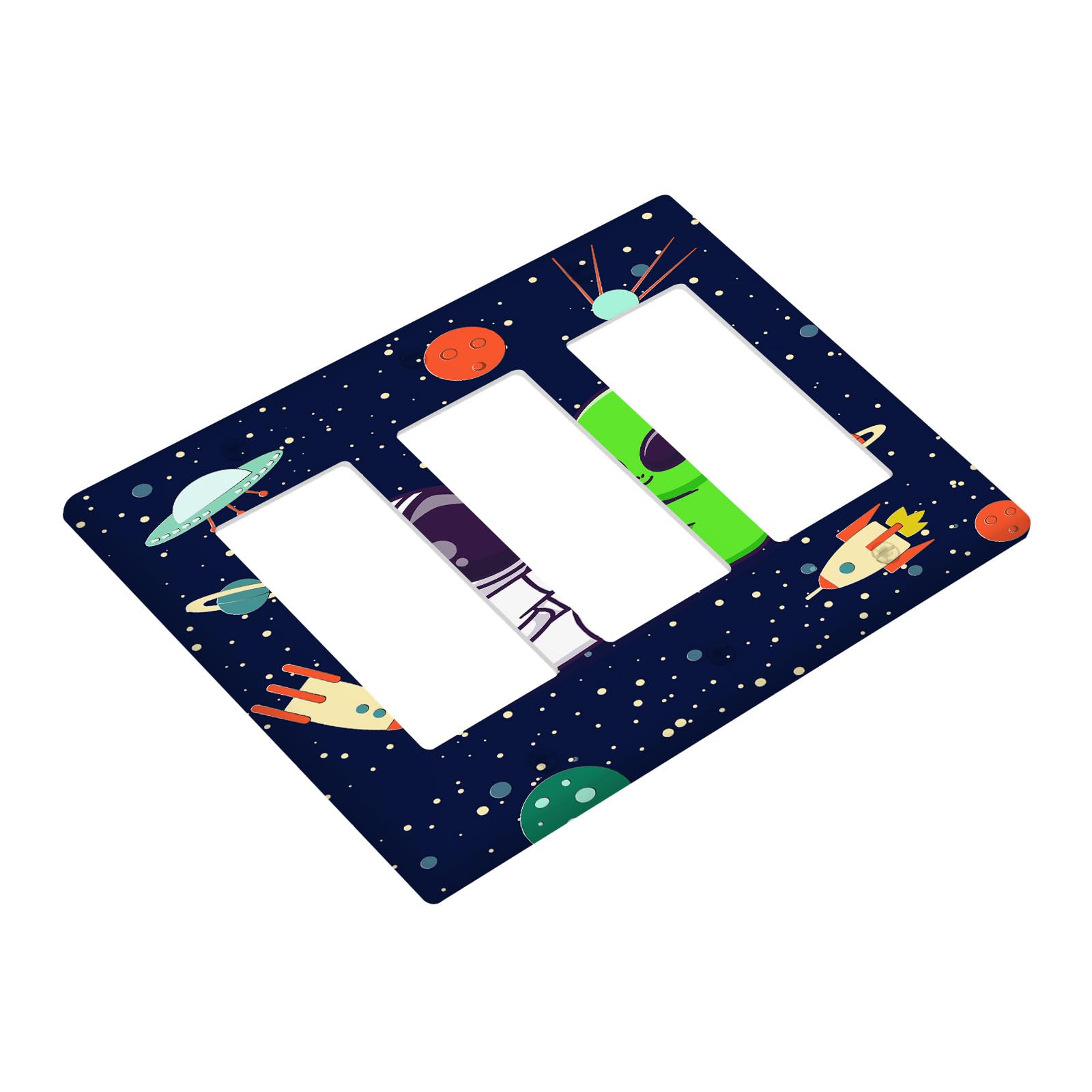 Cartoon Astronaut Light Switch Cover Outlet Covers Triple Rocker Wall Plate Electrical Faceplate, Funny Alien UFO Planet Rocket Light Switch Plate Decorative Wallplate Plug Cover