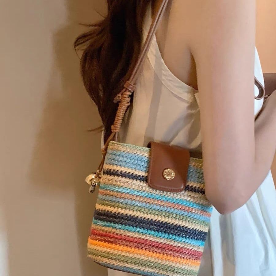 Rainbow Bucket Shoulder Bag Women Woven Handbag for Summer Vacation2