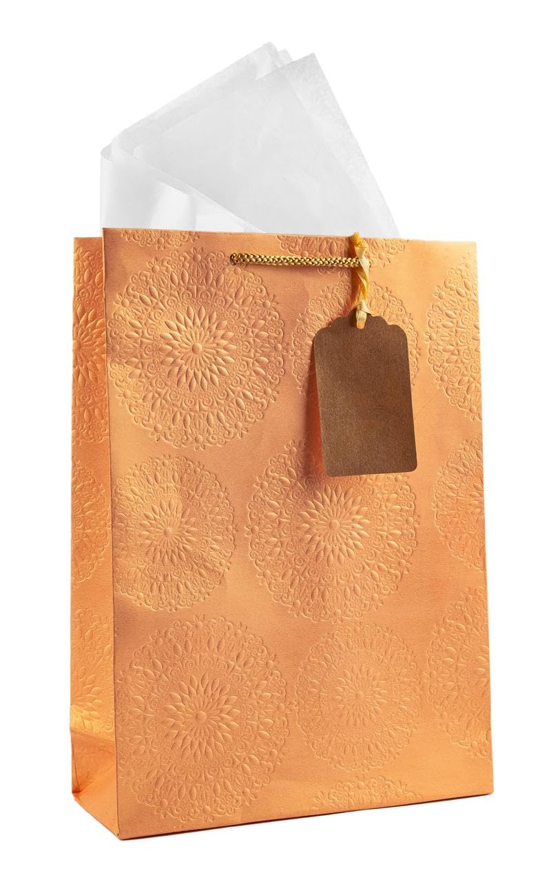 KidsyWinsy Pack Of 10 Rose Embossed Gift Bags (Small,7 * 3 * 10.5 Inches) With Tissue & Thank You Card-Paper | Return Gift Bags For Pooja, Baby Shower, Festive Gifting, Birthday, Wedding