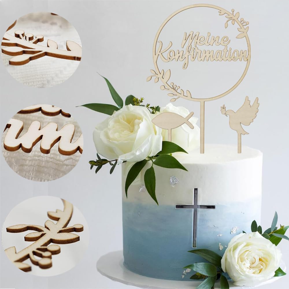 Topper Per Torta Prima Comunione In Legno - Set 3 Pezzi Con Calice E Colomba - Decorazione Festa Bambini - Foto 6