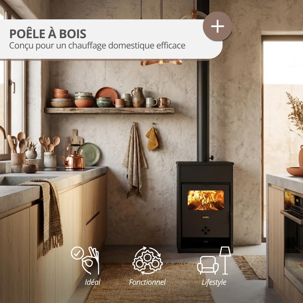 Prity KD Poêle à bois 9,3 kW Classe d'efficacité énergétique A+ Tube de fumée Ø 130 mm Chauffage très efficace