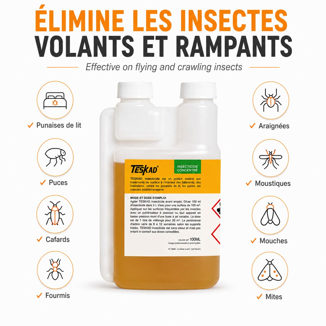Insecticide Ultra Concentré 100 ml – Formule Puissante à Diluer – Action Choc Contre Punaises de Lit, Insectes Rampants et Volants