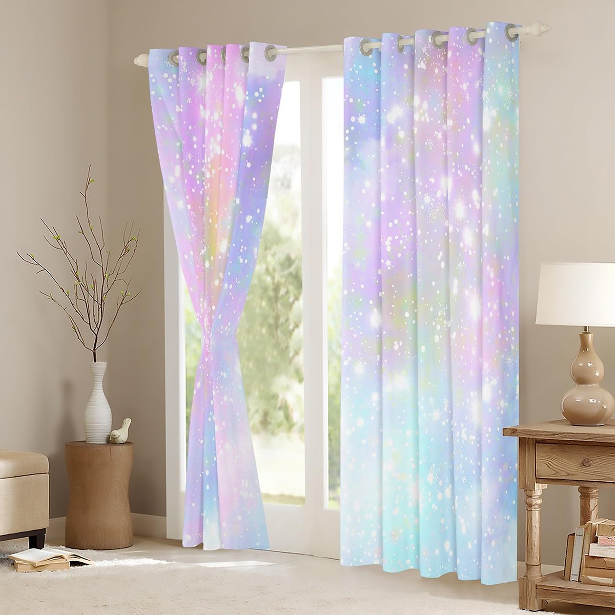 Loussiesd Girls Glitter Darkening Dreapes Kawaii Galaxy Pastel Kids Curtains for Bedroom Rainbow Comter Blackout Curtains Colorful Glitter Outer W52*L63 - Image 3