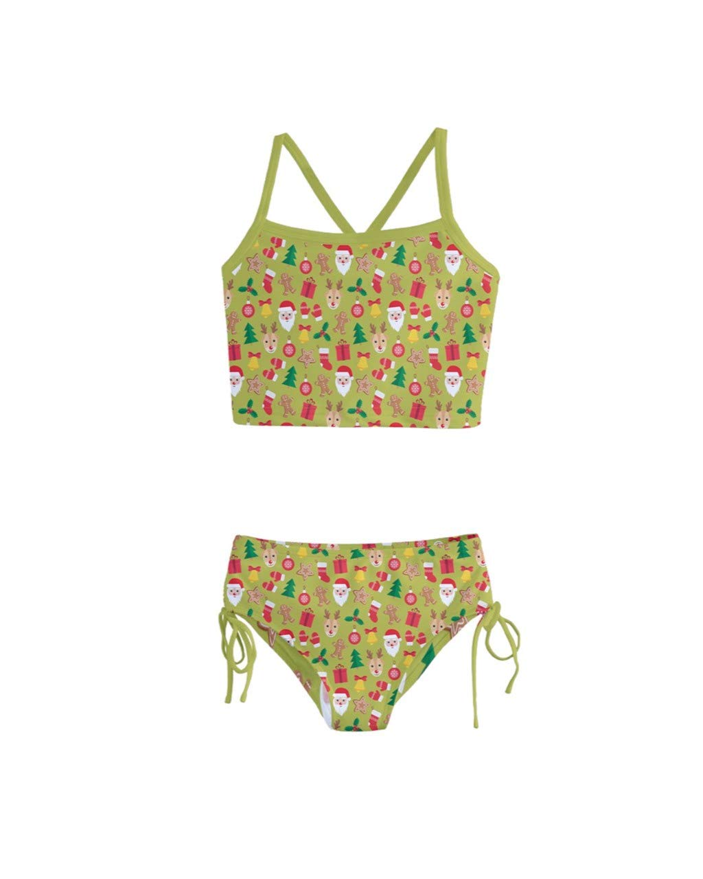 PattyCandy Girls Olive Joyful Santa Christmas Kids Tankini Swimsuit - 6