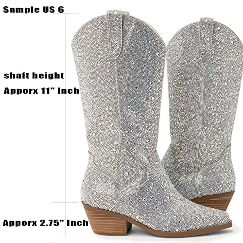 Mucccute Women'S Rhinestone Mid Calf Boots Sparkly Block Heel Cowboy Boots Glitter Boots thumb #1