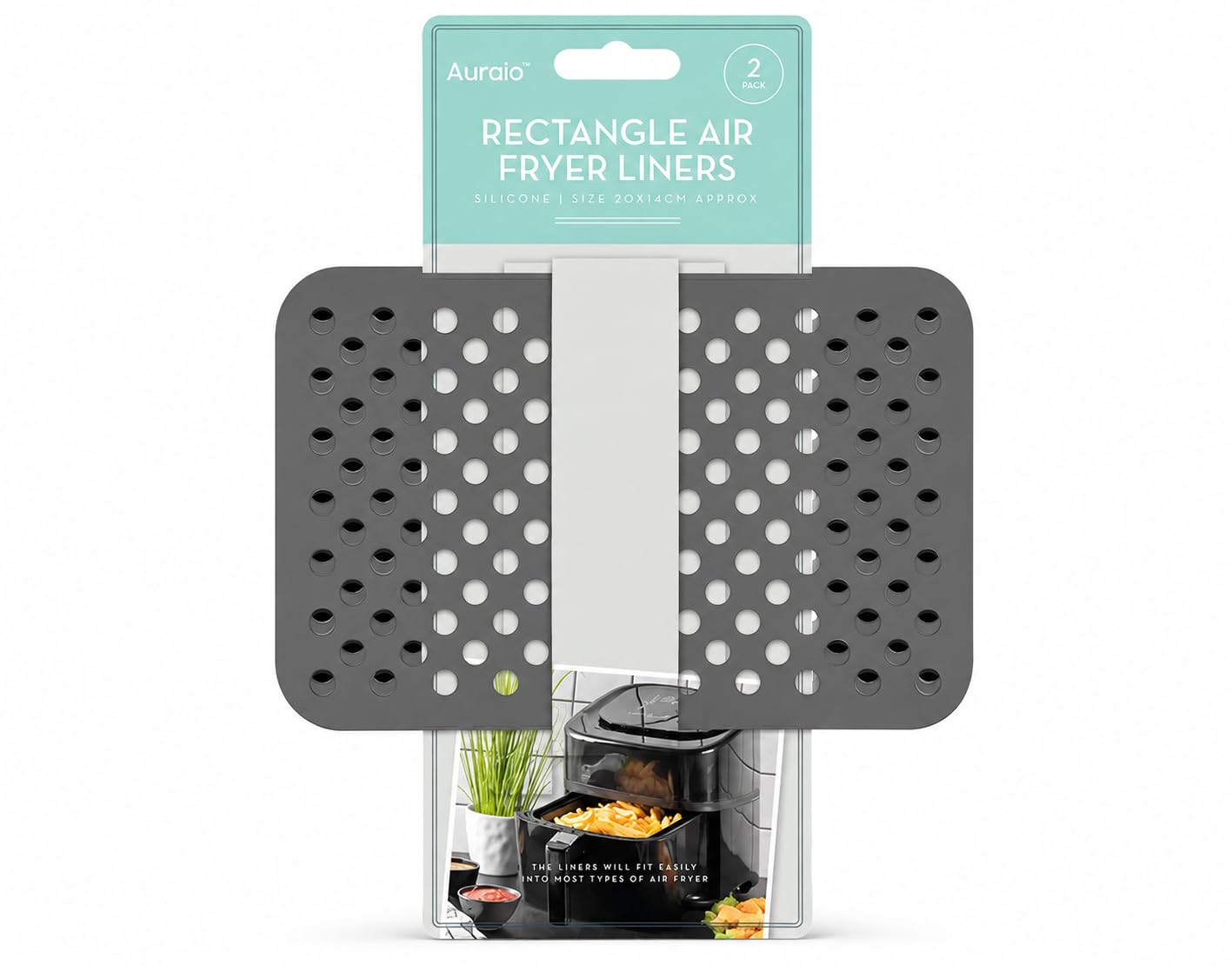Auraio™ 2-Pack Rectangle Silicone Air Fryer Liners (20x14cm) – Non-Stick Perforated Reusable Air Fryer Mats for Basket, Heat Resistant & Food Safe Accessories (Grey)
