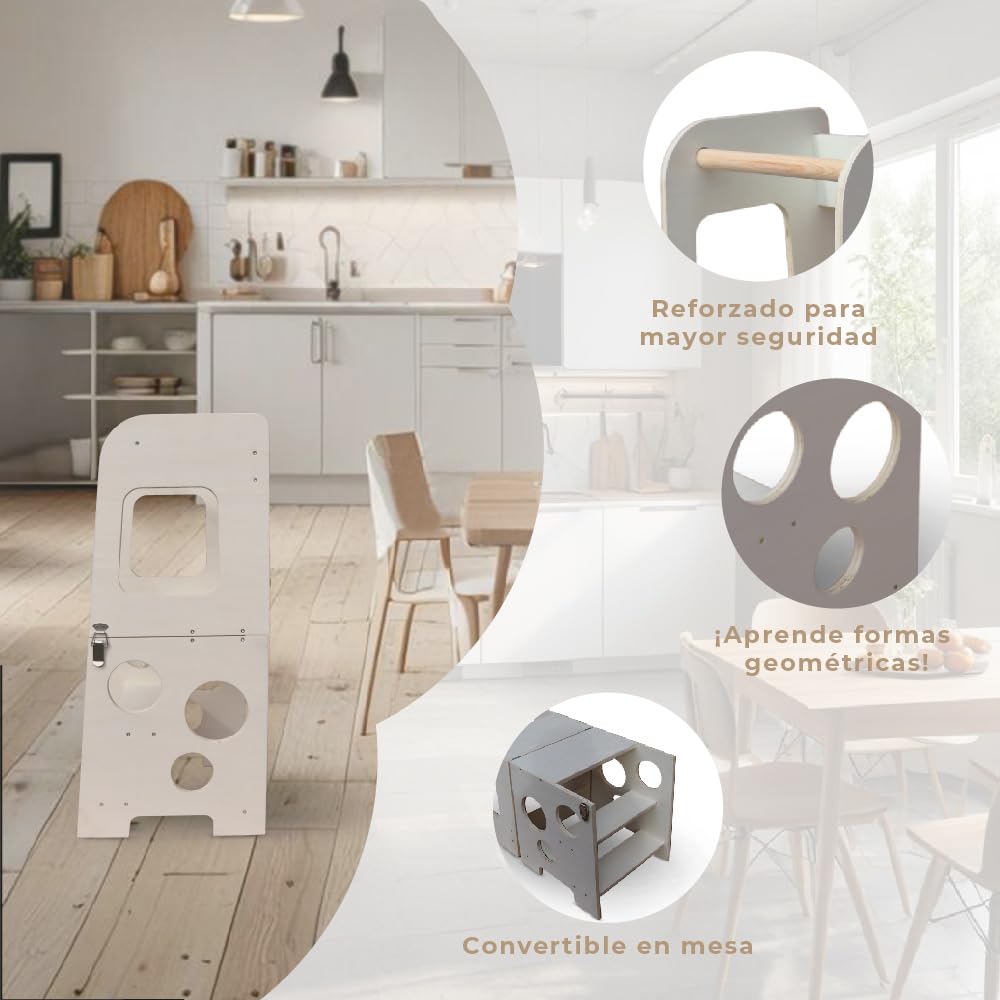 Torre de Aprendizaje Plegable Montessori 2 en 1 - Torre Aprendizaje Multifuncional para Bebés y Niños Convertible en Taburete y Mesa Infantil – Torre Montessori de Madera Natural Fabricada en España