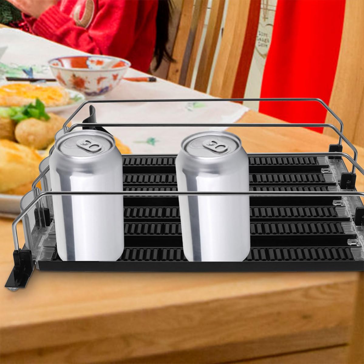 HEALLILY 3 Piezas Empujador de Bebidas para Refrigerador, Organizador de Bebidas para Refrigerador Empujador, Negro, Abs y Acero Inoxidable, Empuje Automático y Auto-reposición,