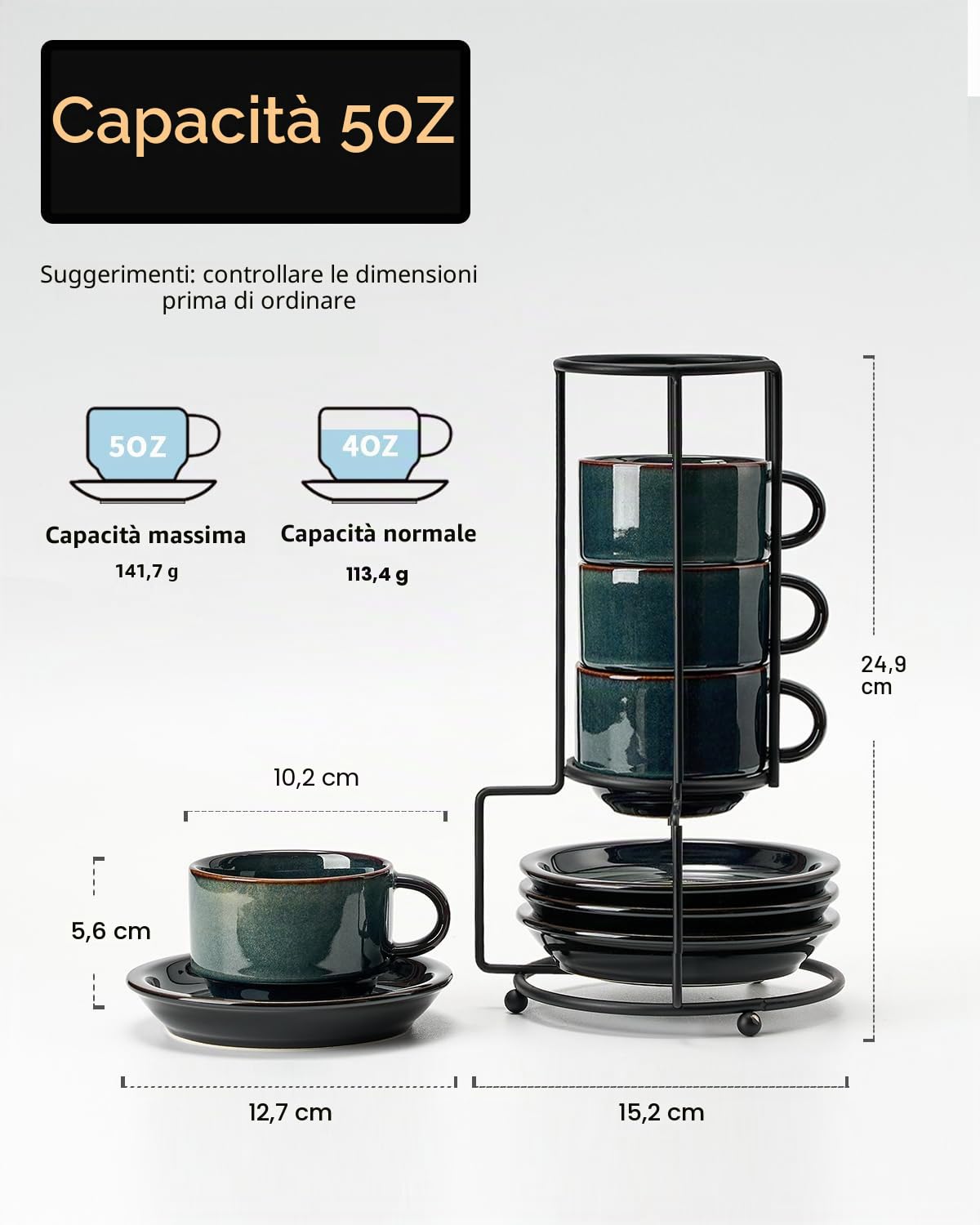 HOME DECOR Set di tazzine da espresso, con processo di smaltatura reattiva, 4 tazze da caffè da 140 ml, con piattino e supporto, eleganti tazze in ceramica per espresso, caffè e latte, verde scuro