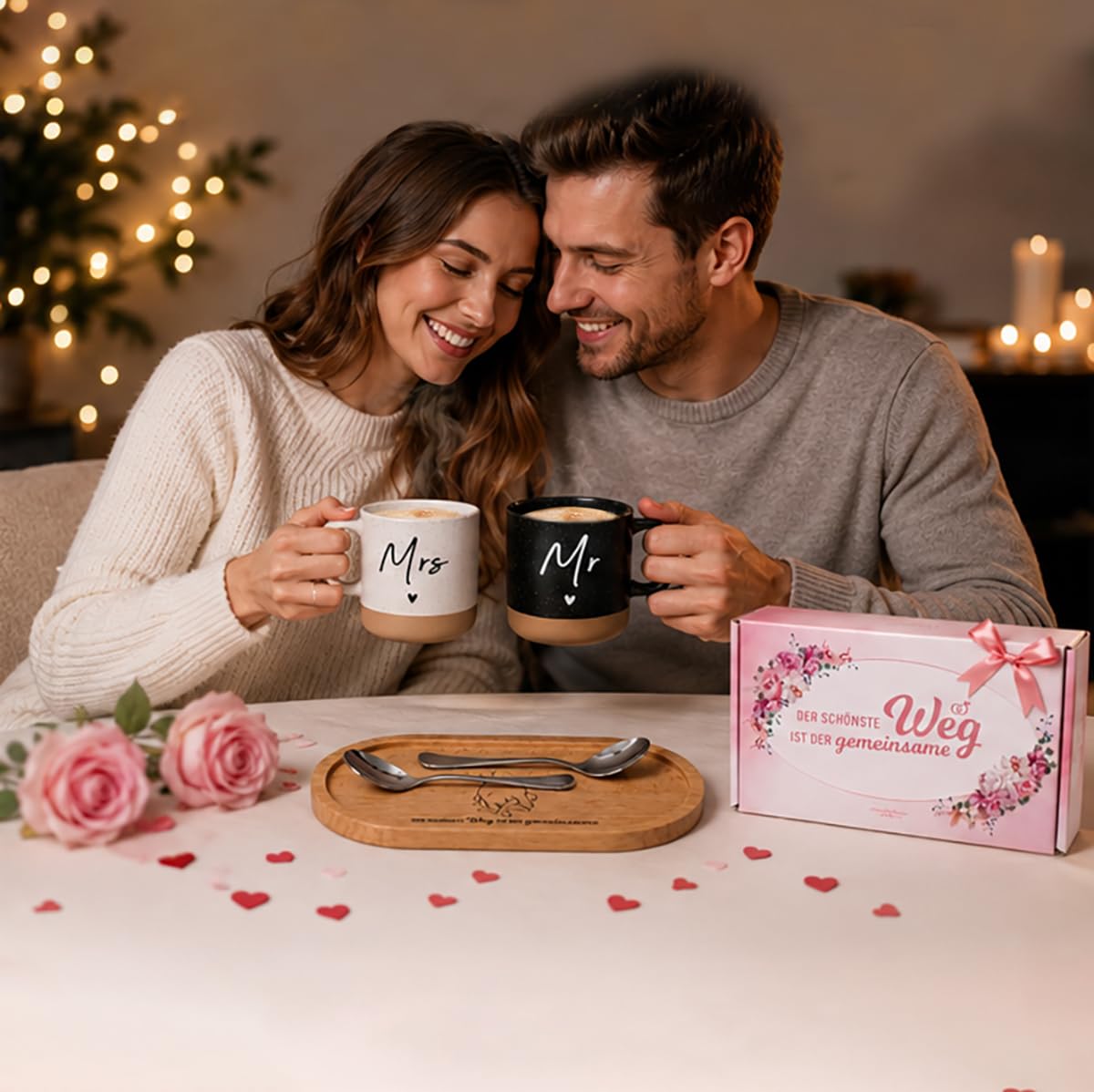 LOZACHE Geschenke für Paare Mr & Mrs Tassen Set mit Holztablett & Löffeln | Hochzeitsgeschenke für Brautpaar, Personalisierte Valentinstag Jahrestag Hochzeit Verlobung Geschenkset mit Geschenkbox