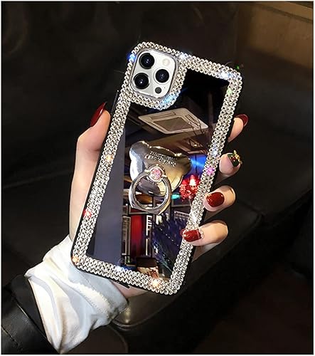 Miniatura 4 de LUVI Compatible con iPhone 14 Pro Max - Funda de espejo linda para mujeres y niñas, diamantes de imitación con diamantes de imitación con anillo y