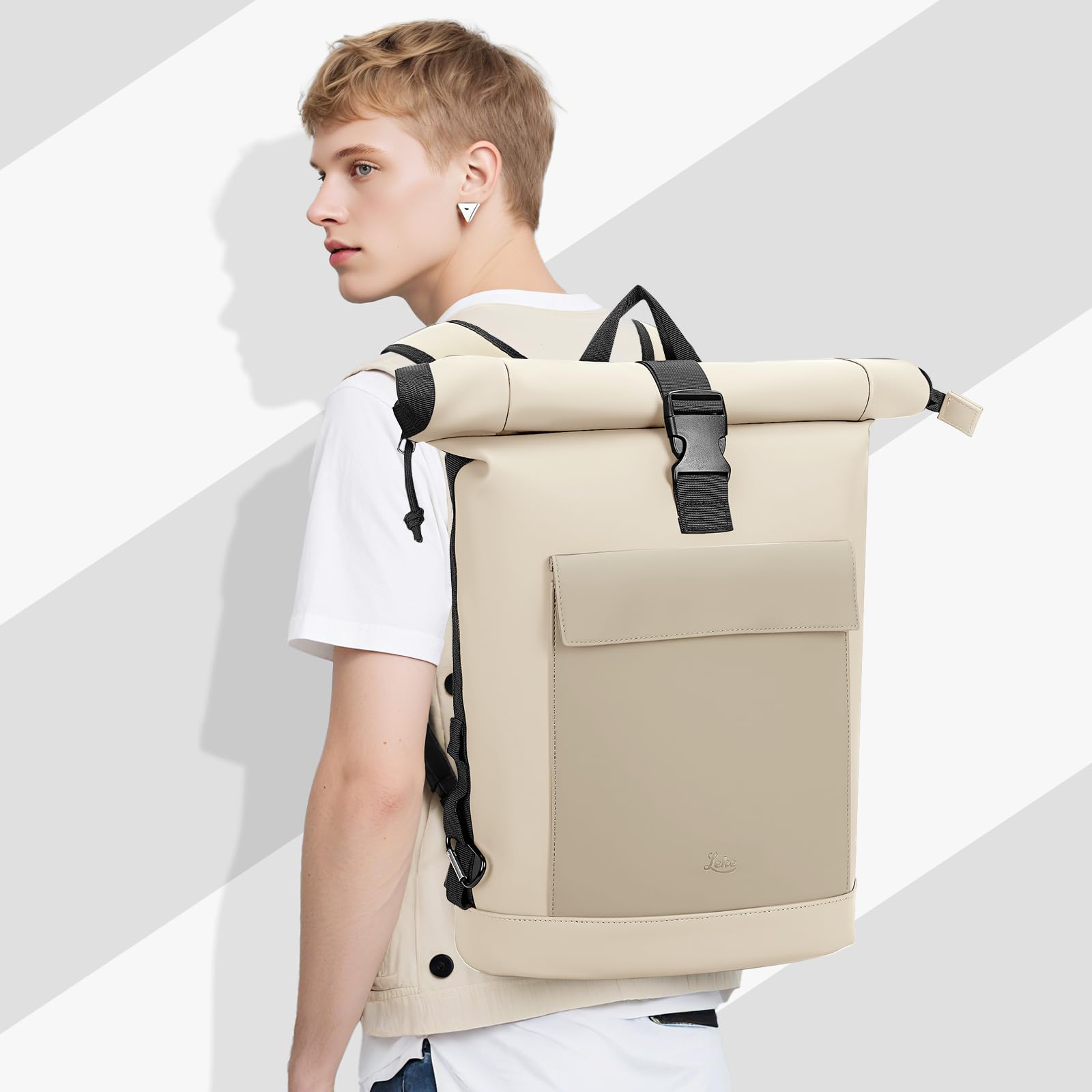 Lekeinchi Mochila Enrollable Hombre & Mujer - Rolltop Extensible Mochila Portátil 17" Impermeable Mochila Ordenador Casual Bolso para Viaje, Uni, Trabajo, 18-25L, Beige