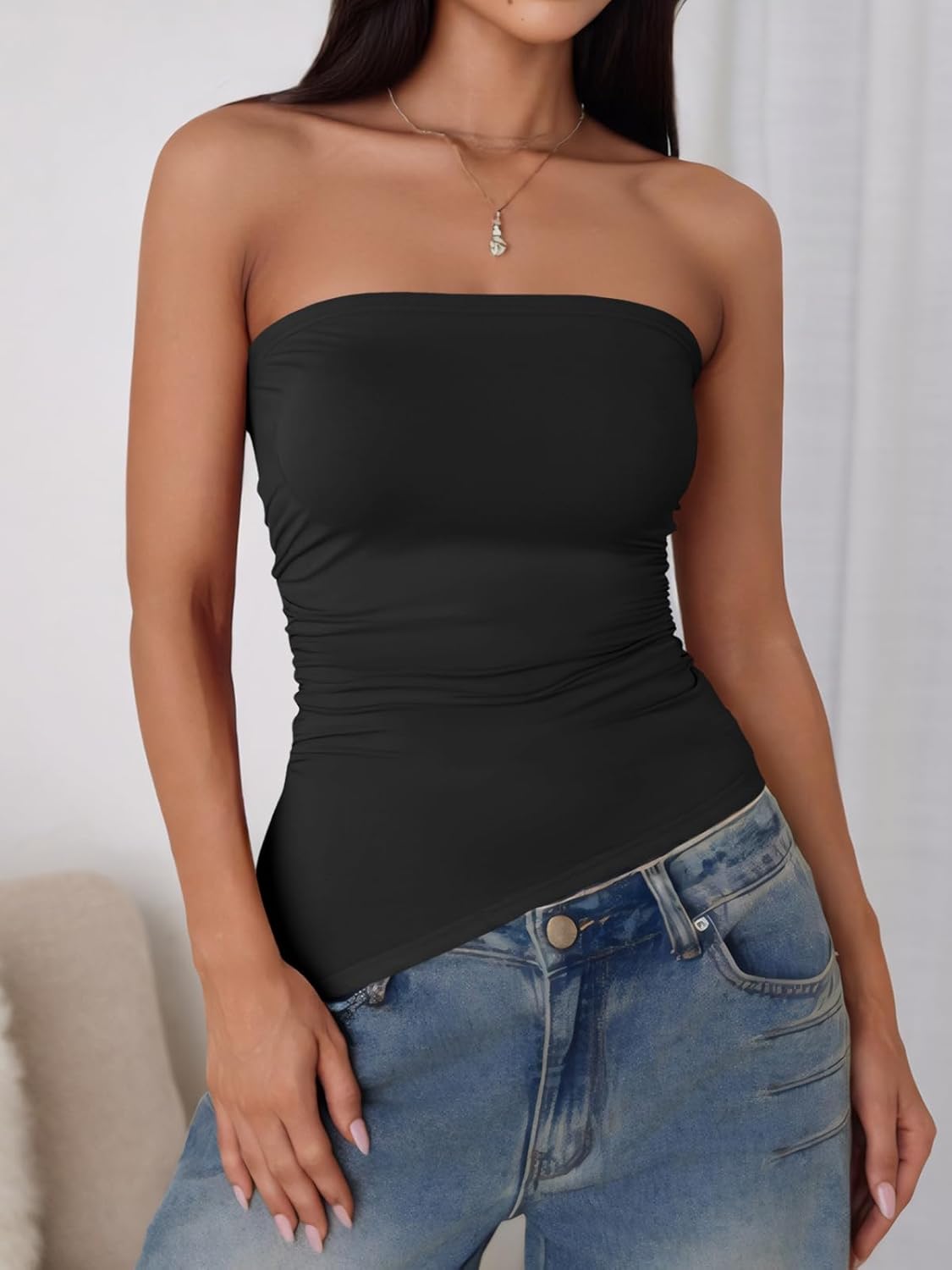 Tankaneo Womens Going Out Tube Top Asymmetrical Strapless Tops Ruched Bandeau Shirts Trendy Y2k Outfits Black - Image 2