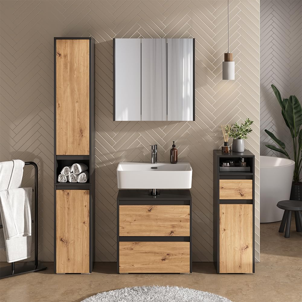 Vicco Specchio contenitore bagno Majest, Antracite, 67.4 x 68 cm con 3 porte a specchio, adatto per montaggio a parete e combinabile con la serie Majest