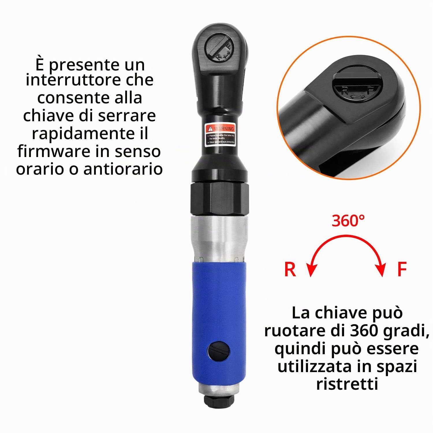 QWORK® Chiave a cricchetto ad aria da 1/2" / 12.5mm, Avvitatore a cricchetto Pneumatico, super veloce e resistente, coppia massima da 85 N.M