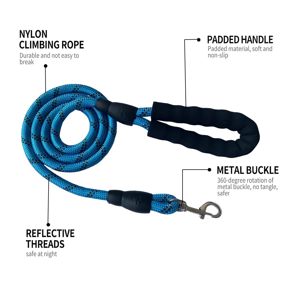 Corda in nylon resistente da 1,5 metri, Guinzaglio per Cani | Guinzaglio Addestramento con Manico Morbido | Per Cani Piccoli, Medi e Grandi (Blu, Gancio metallico)