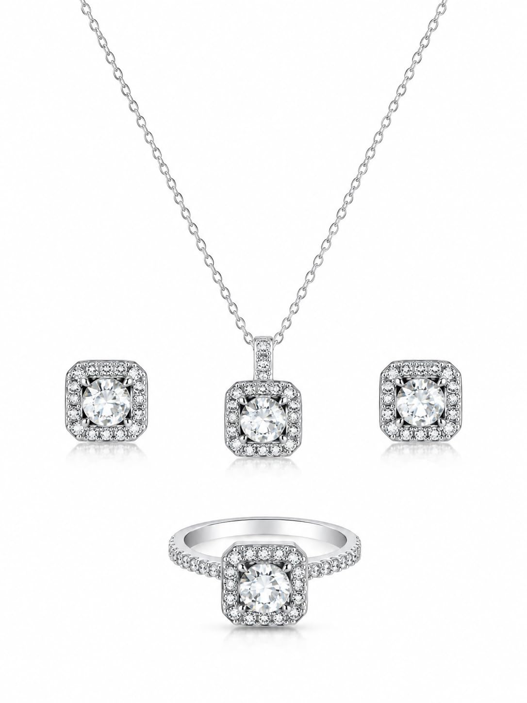 Cubic Zirconia Square Halo Pendant Necklace Stud Earrings & Ring Jewelry Set for Women, Wedding Party Gift Fashion Jewelry Set
