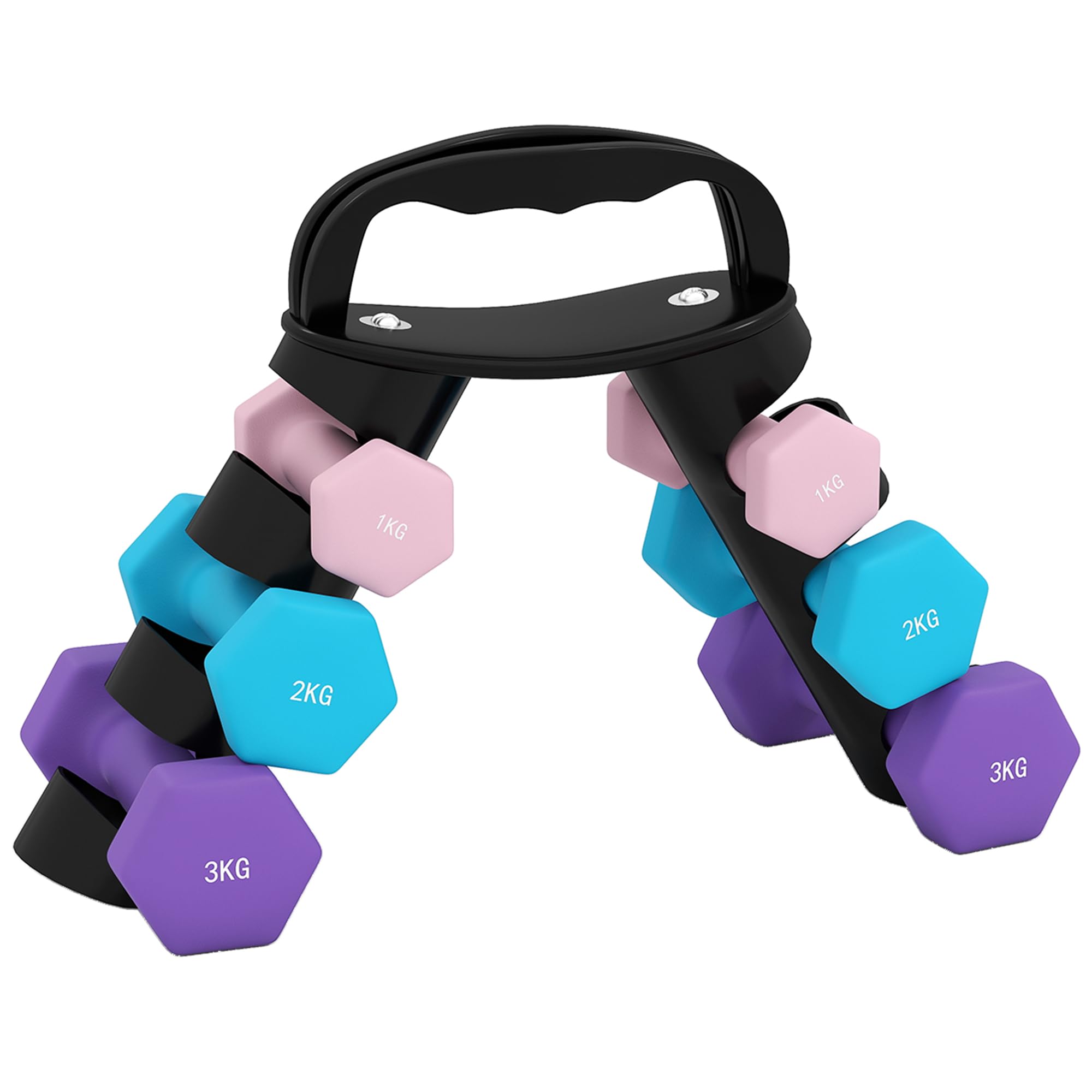 SPORTNOW Set di Manubri da Palestra 2x1kg,2x2kg,2x3kg Rosa/Azzurro/Viola | Supporto Pieghevole, Manubri per Palestra Esagonali in Metallo con Impugnatura, Allenamento Fitness Casa