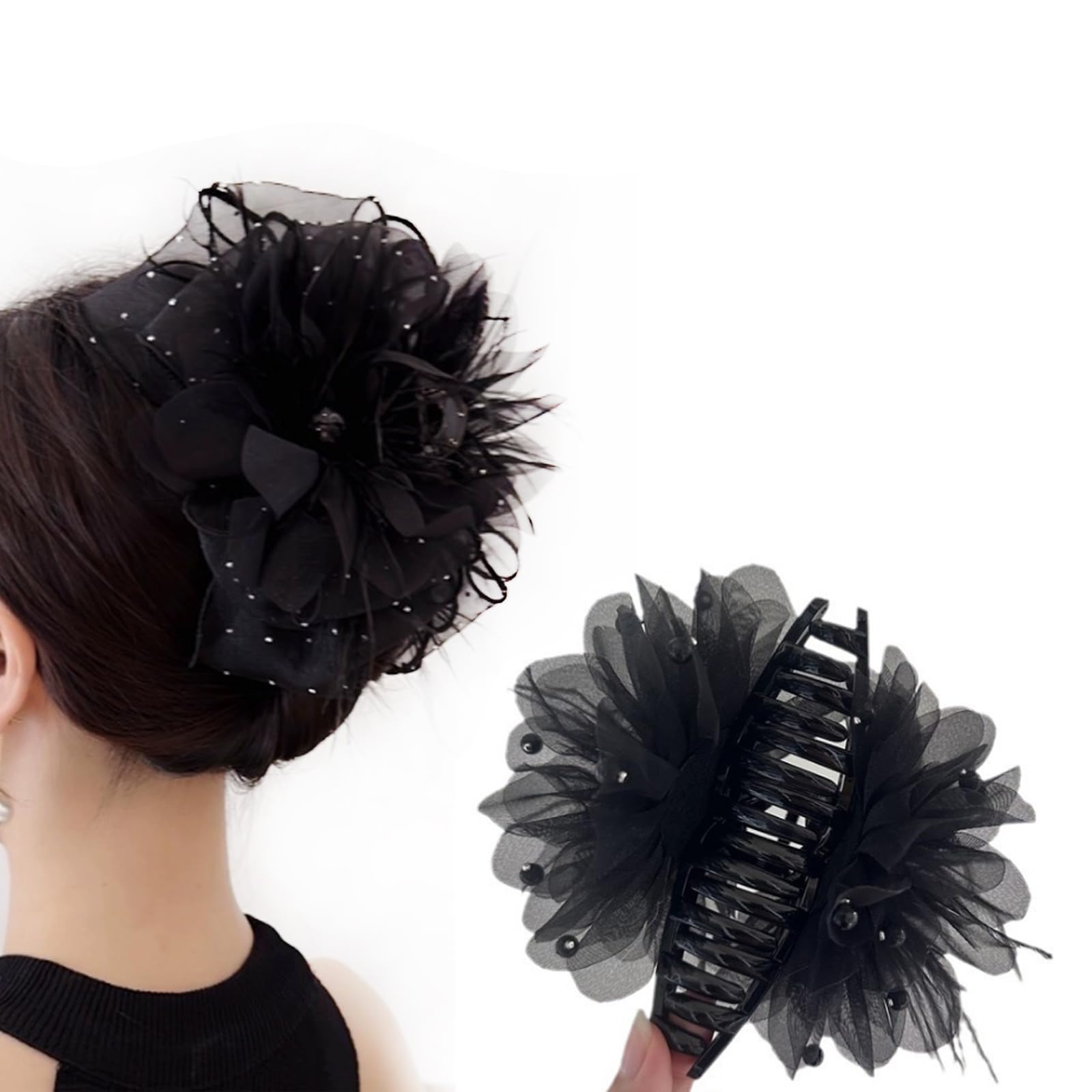 AsggBah Hair Clip with Flower, Bird Feather and Bowknot, 1pc Black for Women Girls, Large Bow Hair Claw Clips for Thick Hair Barrettes, Birthday