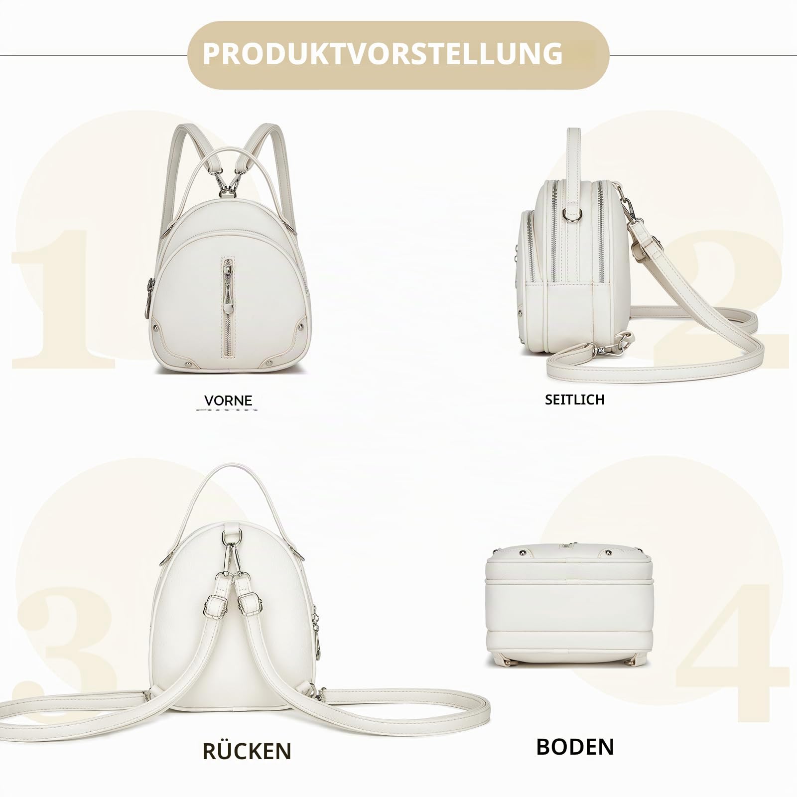 Miss Lulu Damen Handtasche Mini Rucksack Kleiner Eleganter Cityrucksack für Frauen Leichter Reiserucksack mit Abnehmbarem Riemen und 4 Reißverschlusstaschen