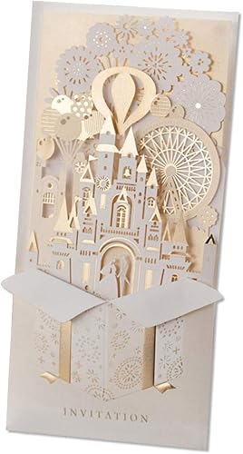 20 invitaciones de boda de oro cortadas con láser de 4.1 x 8.5 pulgadas, tarjetas de invitación 3D de hadas doradas para novios en castillo, para